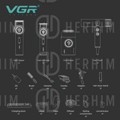 VGR PRO 4IN1 zestaw w walizce maszynka + trymer + golarka + suszarka - 4