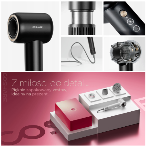 COSHARE HD10E SuperFlow1 PRO suszarka do włosów 1600W + ION | Czarna - 8